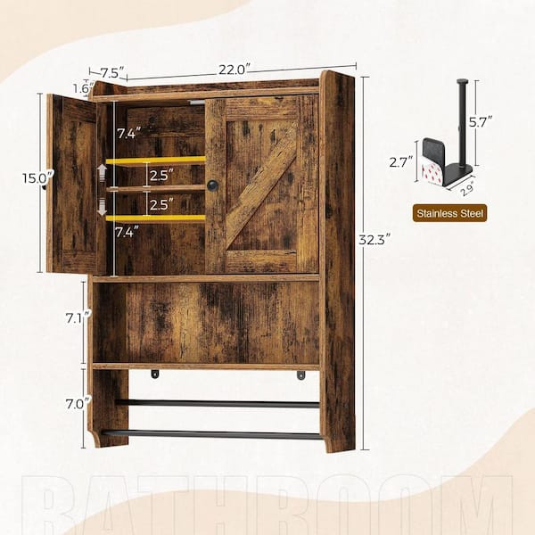 Dracelo 22 in. W x 7.5 in. D x 32.3 in. H Rustic Brown Bathroom Wall Cabinet  2 Shelf and 2 Towels Bar B09MZ4MSPX - The Home Depot