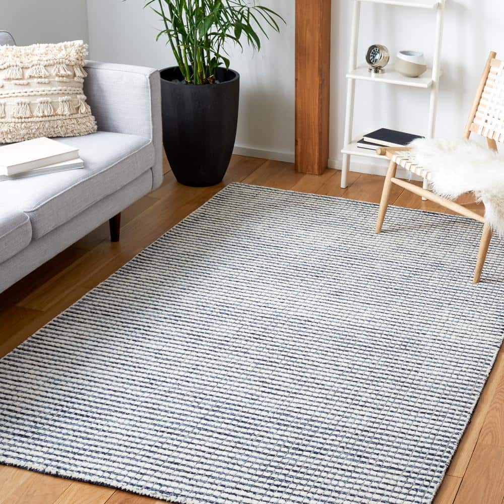 Ivory and Blue Abstract Wool Handmade Square Area Rug