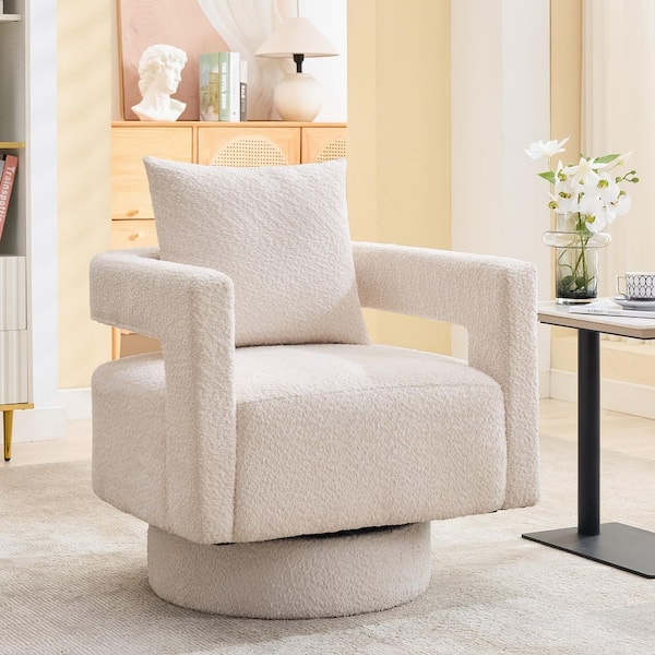 Modern Beige Circle Chenille Boucle Farbic Swivel Accent Arm Chair, Swivel Reading Chair for Bedroom Living Room