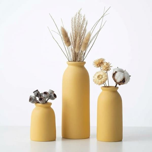 3-Piece 8.66 in. Round Yellow Ceramic Decorative Vase LAN1Y52