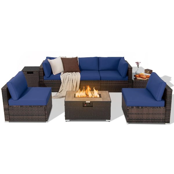 Costway 8-Piece Patio Rattan Furniture Set Fire Pit Table Tank Holder Cover Deck Navy