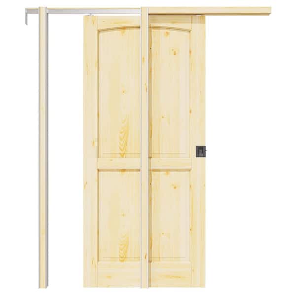 ARK DESIGN 36 in. x 80 in. Arch 2-Panel Unfinished Pine Wood Sliding Pocket Door with Hardware (Soft Close and Black Lock Incl)