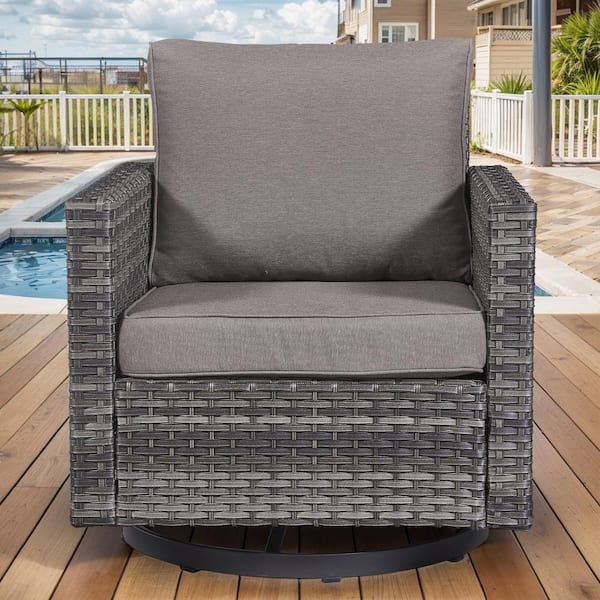 Gray Wicker Outdoor Rocking Chair, Patio Swivel Glider Chair with Gray Cushions for Porch or Balcony (1-Pack)