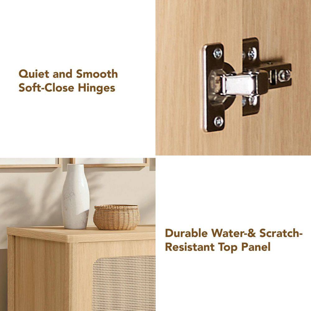 Close-up of soft-close hinges and the water-resistant top panel of an oak sideboard.