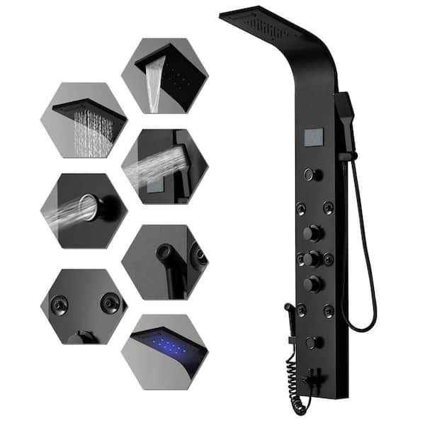8-Jet Rainfall Shower Panel System with Waterfall Shower Head and Shower Wand with Led Light in Black