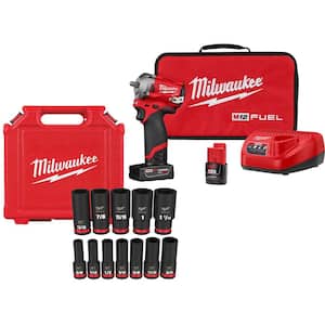 M12 FUEL 12V Cordless Brushless Stubby 1/2 in. Impact Wrench Kit with 1/2 in. Drive SAE Deep Socket Set (12-Piece)