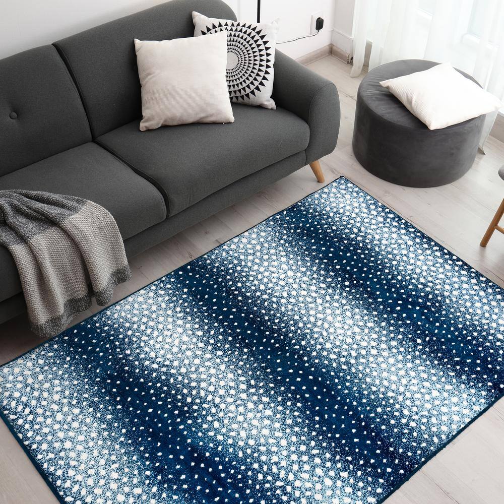 Navy and Cream Abstract Washable 8' x 10' Area Rug