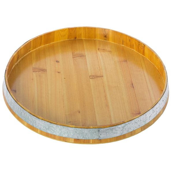 Vintiquewise Large Brown Wooden Barrel Head Decorative Storage Serving Tray 22" Dia x 2.5" High