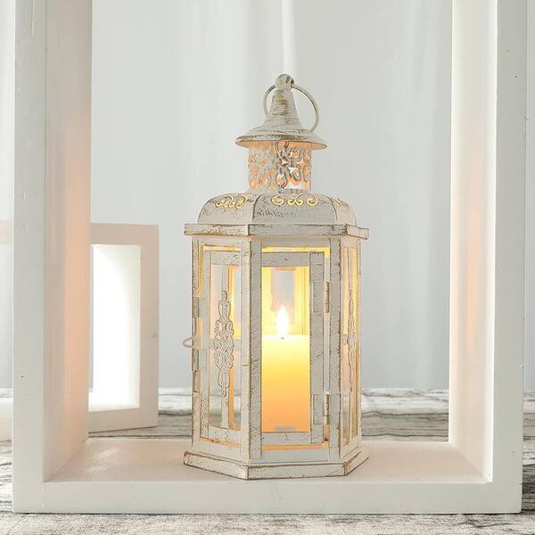 10 in. x 5 in. White Metal Vintage Lantern without Candle