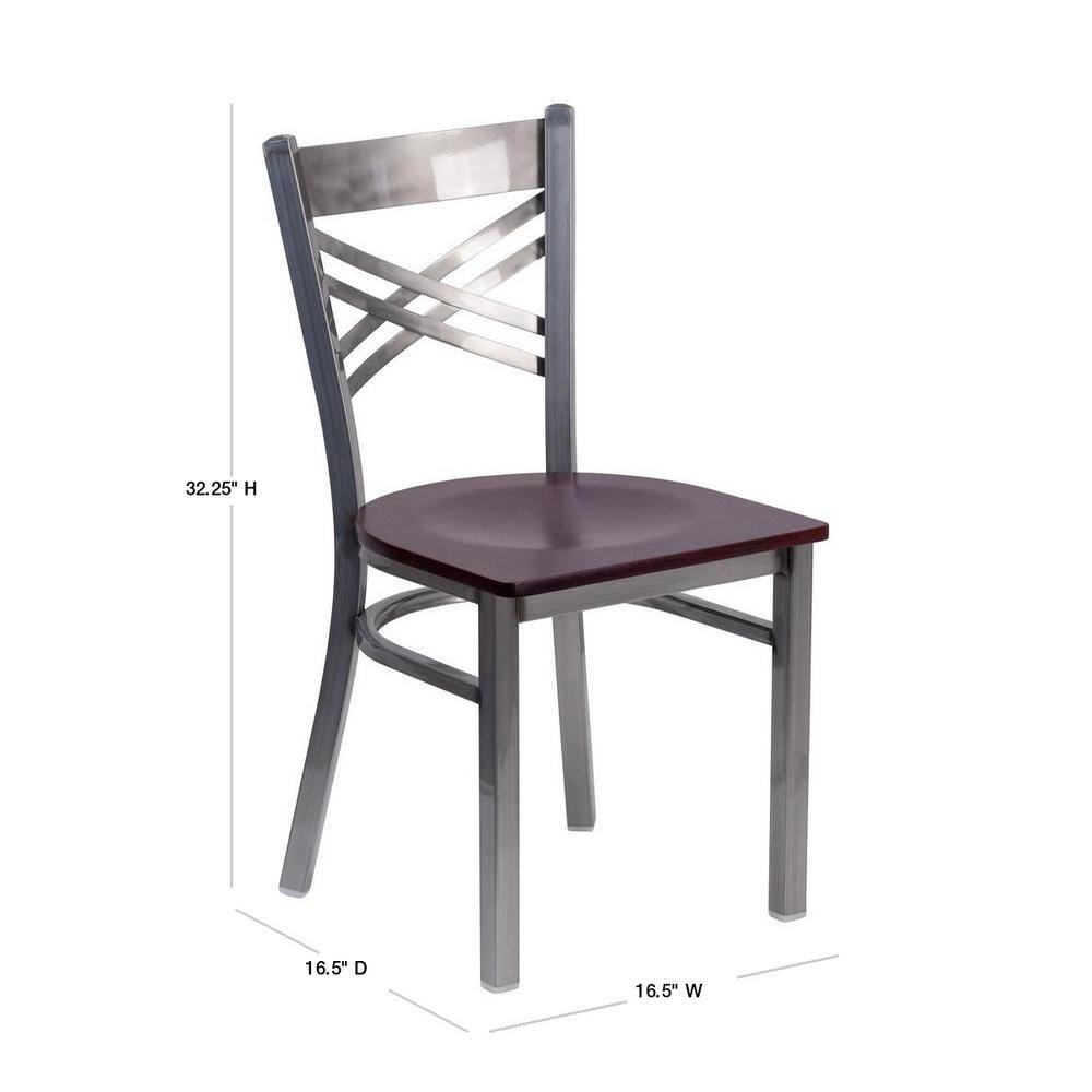 Black and Silver Metal Cross Back Side Chair with Brown Wood Seat