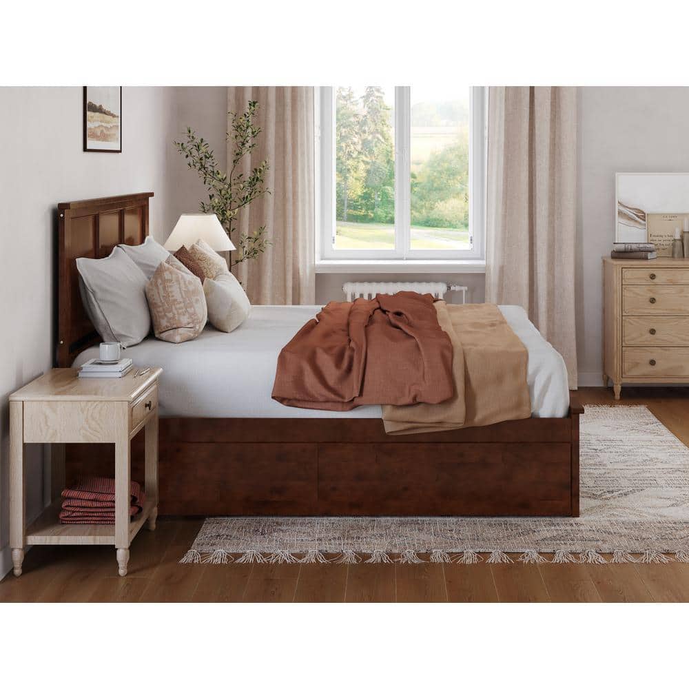 Walnut King Wood Platform Bed with Storage Drawers and Headboard