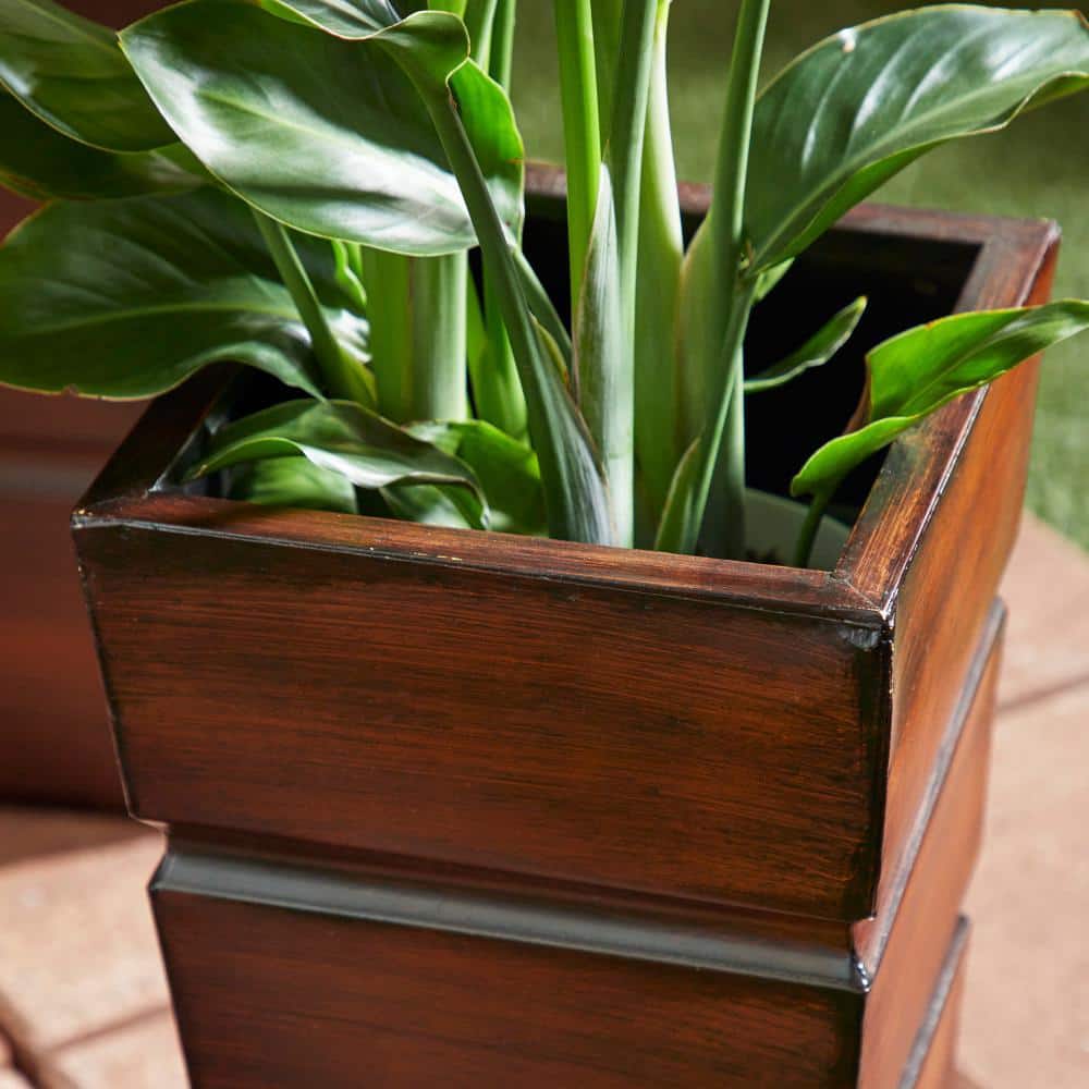 Set of 3 Brown Metal Rectangular Planters with Tapered Base