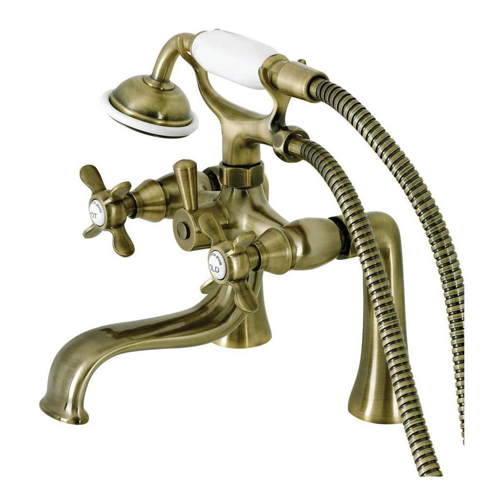 Kingston Brass Essex 3 Handle Deck Mount Clawfoot Tub Faucets With Handshower In Antique Brass 6618