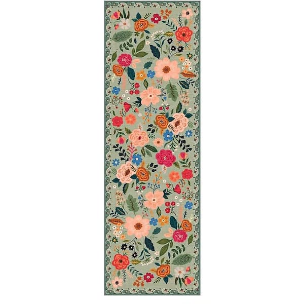 2 X 6 Green Boho Floral Runner Rug for Hallways Kitchen Rug Non Slip Washable