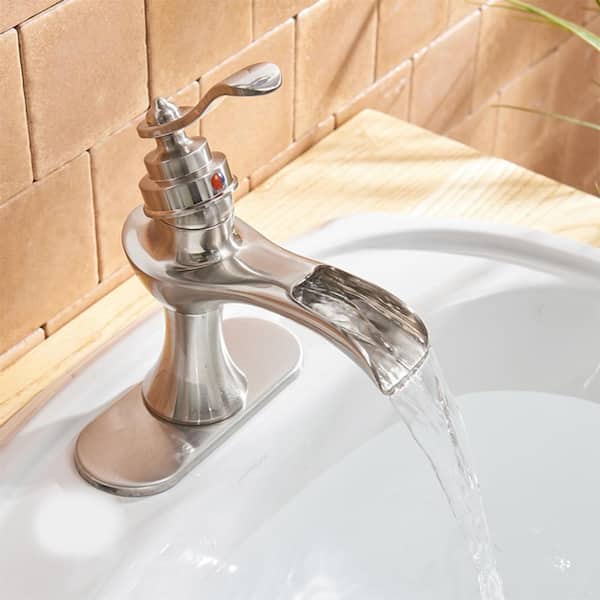 Waterfall Single Hole Single-Handle Bathroom Sink Faucet with Pop-up Drain Assembly and Escutcheon in Brushed Nickel
