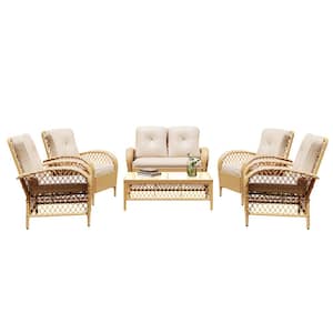 6--Piece Beige Wicker Patio Conversation Seating Set with Beige Cushions and Coffee Table