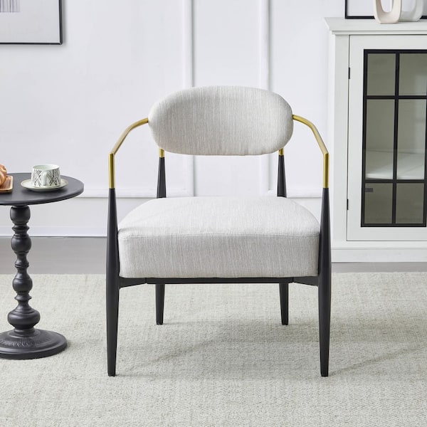 Draxiel Beige + Black + Gold Modern Upholstered Arm Chair, Iron Frame