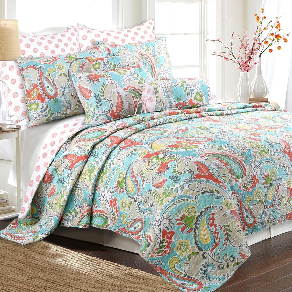 Cozy Line Home Fashions Paisley Floral 3-Piece Turquoise Blue Coral Yellow  Grey Green Cotton Poly King Quilt Bedding Set BB2019-032K - The Home Depot