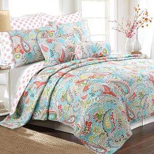 Paisley Floral 3-Piece Turquoise Blue Coral Yellow Grey Green Cotton Poly King Quilt Bedding Set
