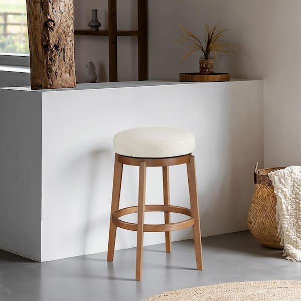 Paulson 30.5 in. H Brown Finish Solid Wood Swivel Pub Height Stool with Boucle Upholstered Seat