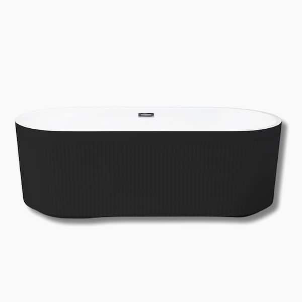 CASAINC 59in x 29. 5in Pleated Design Acrylic Freestanding Soaking Bathtub with Overflow and Pop-Up Drain in Black
