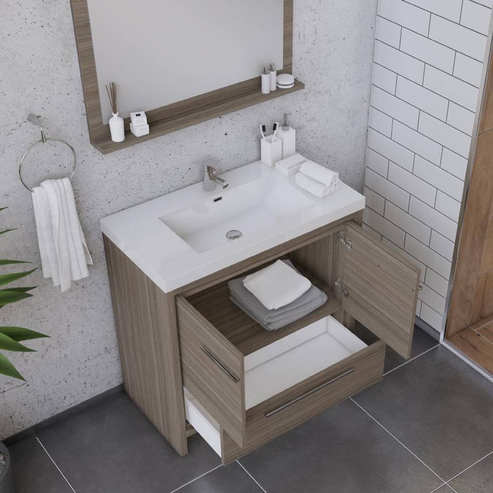 Sortino 36" Gray MDF Freestanding Bathroom Vanity with White Solid Surface Sink