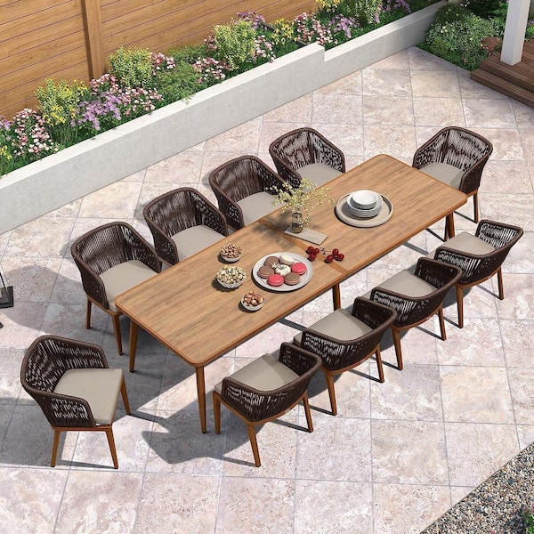 PURPLE LEAF 11-Piece Aluminum Wicker Dining Table Oversize and Armchairs Patio Outdoor Dining Set Furniture Set with Cushions, Grey