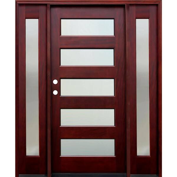 Pacific Entries 66 in. x 80 in. Contemporary 5 Lite Mistlite Stained Mahogany Wood Prehung Front Door with 12 in. Sidelites