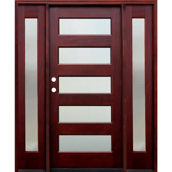 Pacific Entries 66 in. x 80 in. 5 Lite Mistlite Stained Mahogany Wood Prehung Front Door w/ 6 in. Wall Series, 12 in. Sidelites