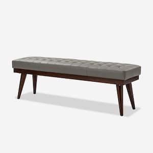 Paula 55.5 in. Wide Grey Genuine Leather Bedroom Bench with Solid Wood Base