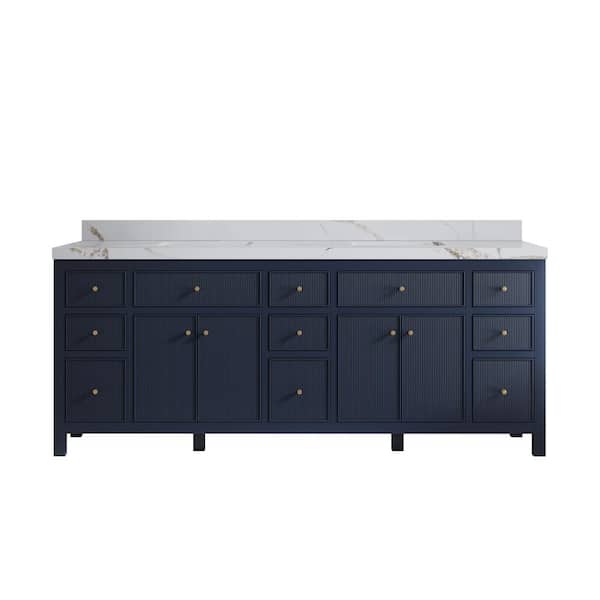 Willow Collections Sonoma 84 in. Double Sink Freestanding Navy Blue Bath Vanity with Calcutta Gold Quatrz Top Unassembled