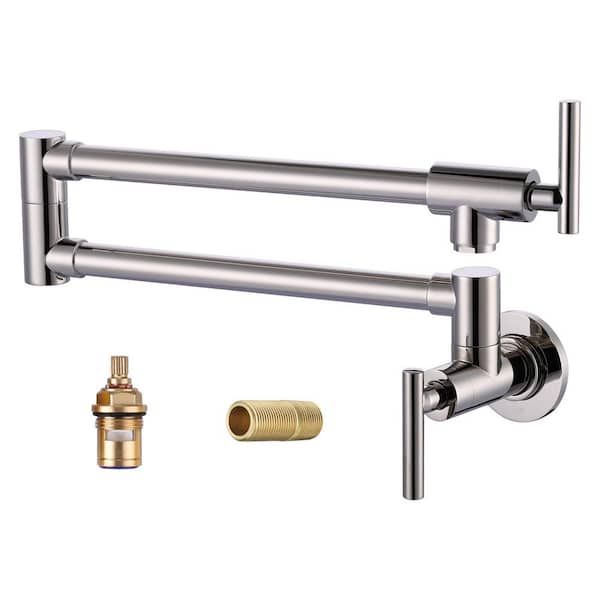 ARCORA Brass Double Handle Wall Mount Pot Filler in Polished Nickel