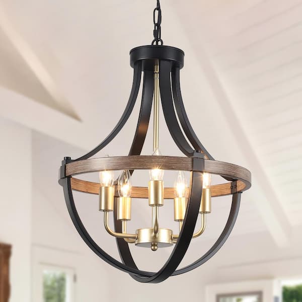 LWYTJO 16.5 in. 5-Light Black/Brown/Gold Modern Empire Candle Chandeliers Rustic Lantern Pendant for Living Room Hallway Foyer