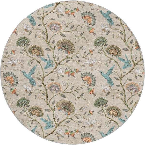 Dream Shag Premium Machine Washable Abstract ADS174 Beige 8 ft. x 8 ft. Round Rug