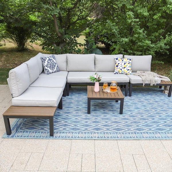 6 -Seat 6-Piece Metal Outdoor Patio Conversation Sectional -Seating Set with Light Gray Cushions and Coffee Table