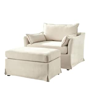 Sylvia Modern Ivory Slipcovered Solid Wood Leg Armchair with Ottoman