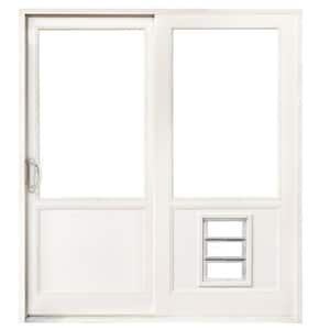 72 in. x 80 in. White Left-Hand Gliding Composite Shaker LoE 2/3 Lite Patio Door with Nickel Handleset and Pet Door