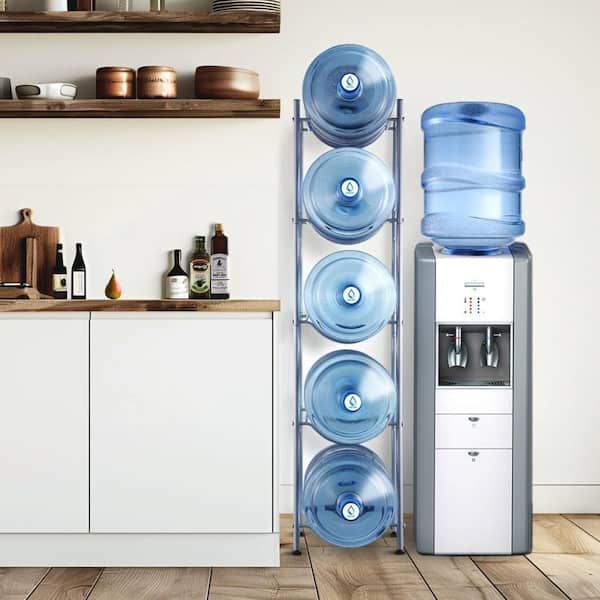 5 Tiers Water Jug Holder, 5 Gal. Single Row Water Bottle Rack for 5 Bottles, Heavy Duty, Silver