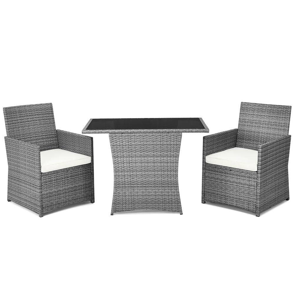 Gray Wicker 3-Piece Patio Set with White Cushions