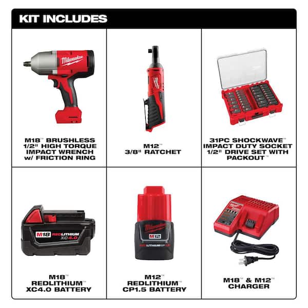 M12/M18 12/18V Lith-Ion Cordless 3/8 in. Ratchet & 1/2 in. High Torque Impact Wrench Combo Kit with PACKOUT Socket Set