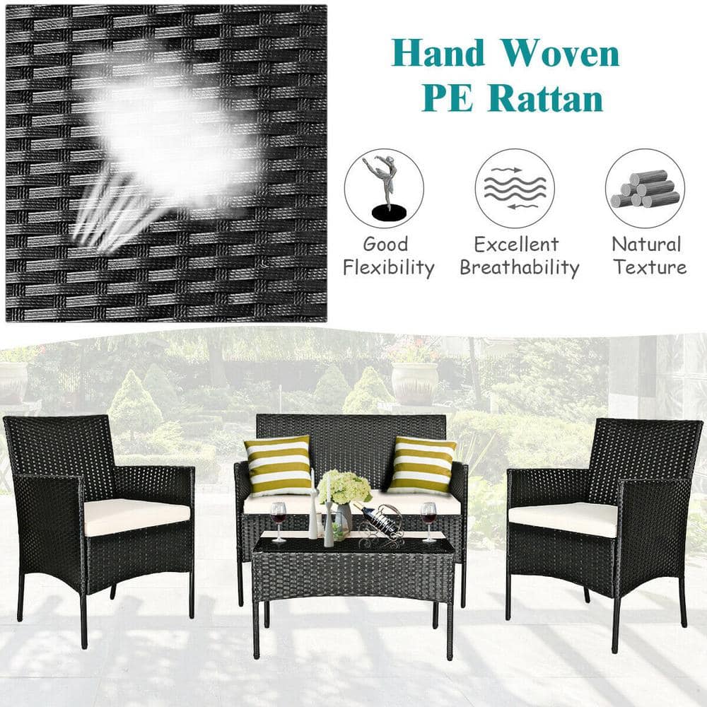 Modern Black Wicker 4-Piece Patio Set with White Cushions