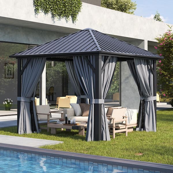 10 ft. x 10 ft. Outdoor Galvanized Steel Roof Gazebo, Aluminum Frame Pergolas with Ceiling Hook, Curtains and Netting