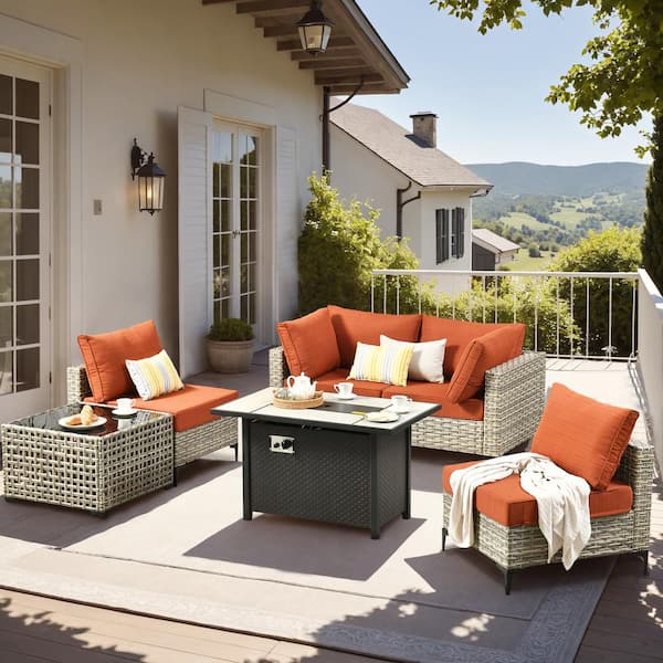 OVIOS Supery Gray 6-Piece Wicker Rectangle Fire Pit Patio Conversation Set with Bold-stripe Orange Cushions