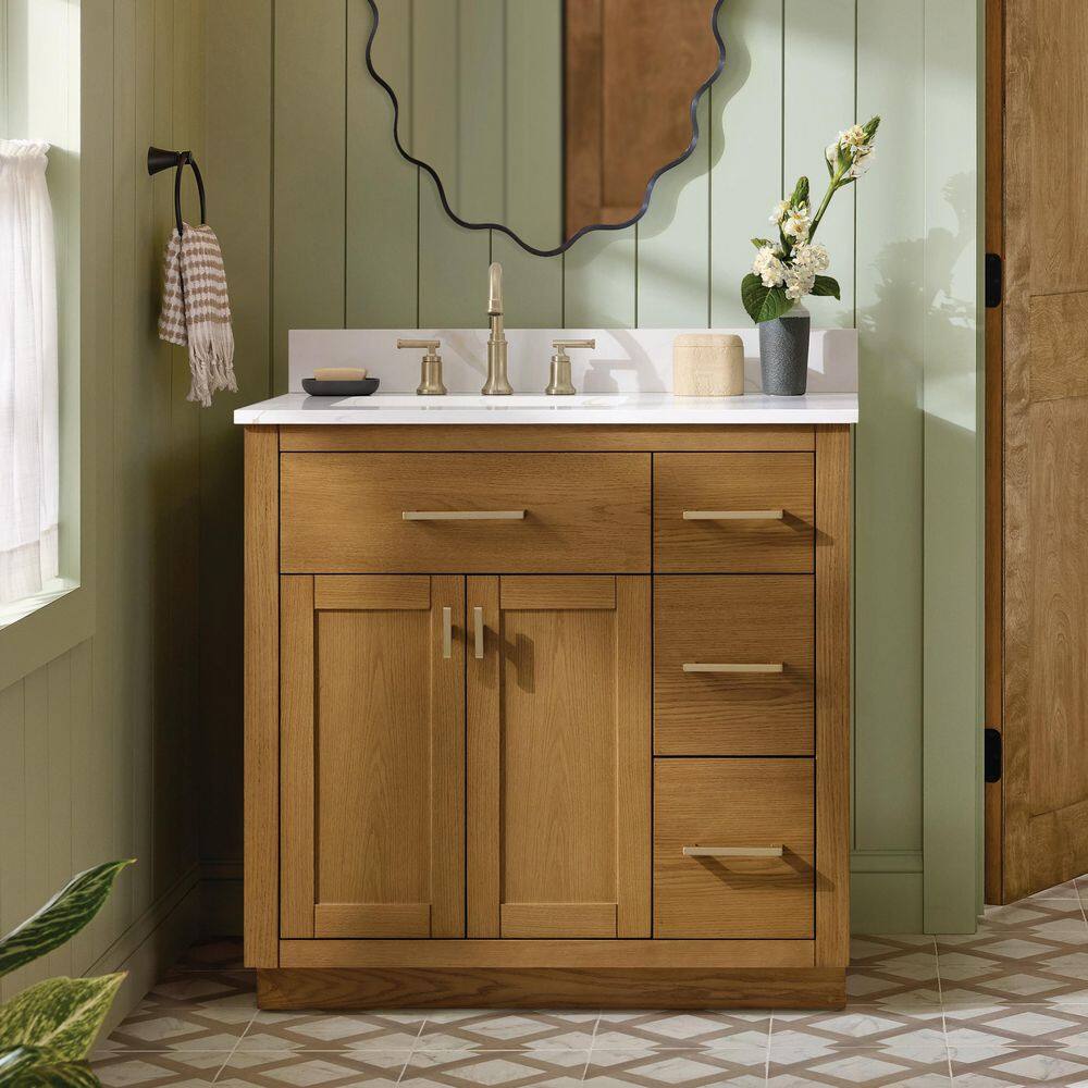 Brockham 36 in. Single Sink Freestanding Bathroom Vanity in Caramel Oak with Calacatta Gold Quartz Top (Assembled) price history on PriceWatchPro
