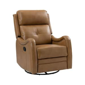 Gema Camel Genuine Leather Swivel Rocker Recliner with Nailhead Trims for Living Room