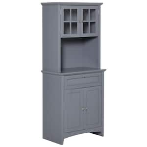 Grey Kitchen Buffet Pantry Hutch with Framed Glass Door and Drawer
