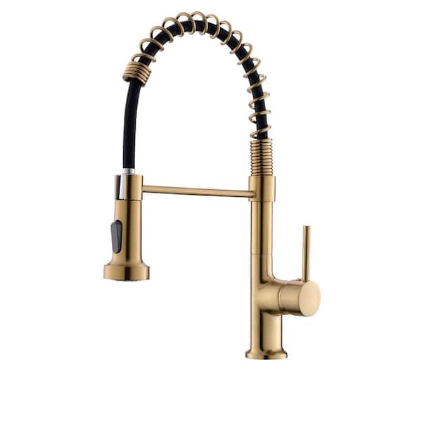 Tahanbath Single-Handle Pull Down Sprayer Kitchen Faucet, Modern High-Arc Pull Out Kitchen Sink Faucet in Brushed Gold
