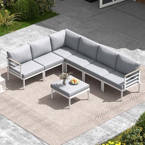 7-Piece Aluminum Outdoor Sectional Set with Armrests and Light Gray Cushions