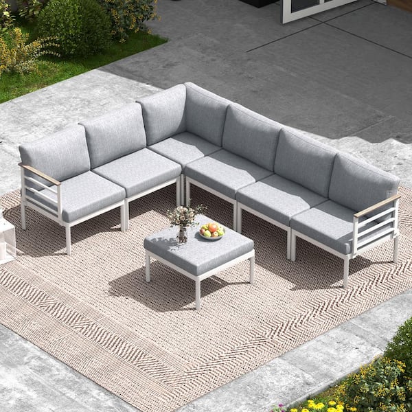 Crestlive Products 7-Piece Aluminum Outdoor Sectional Set with Armrests and Light Gray Cushions