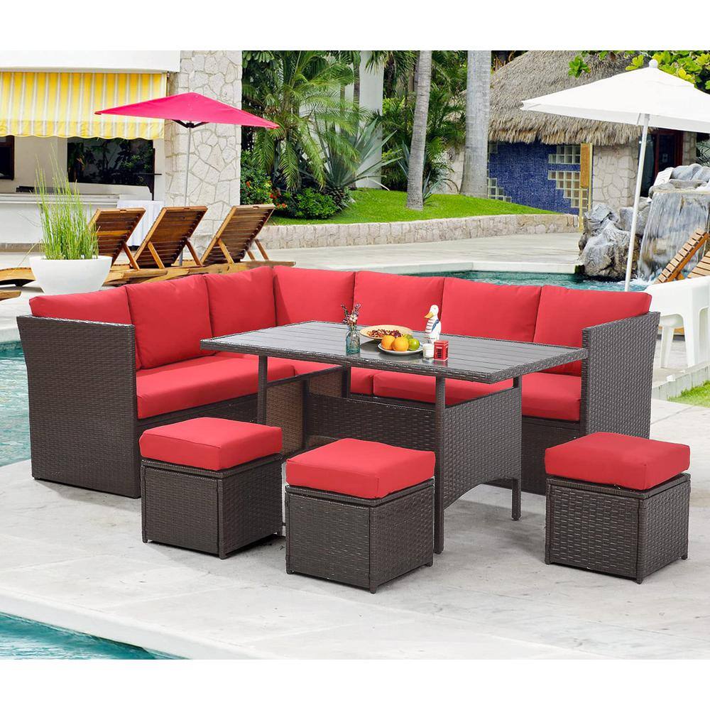 AECOJOY 7-Pieces Patio Brown Wicker Furniture Dining Set with Red